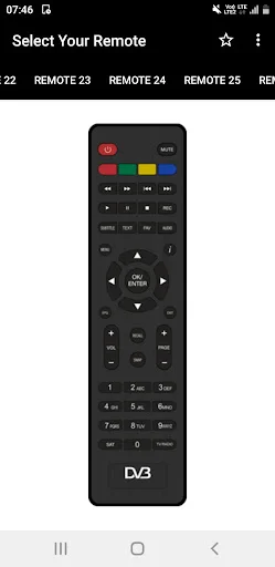 DD FreeDish Remote 23-26 DV3 remote interface featuring compact design with colored buttons row, numeric keypad layout, navigation buttons, and DV3 digital receiver branding