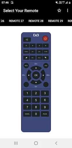 DD FreeDish Remote 27-30 blue-colored remote control showing DV3 branding, red power button, complete numeric keypad 0-9, navigation controls, and colored function buttons