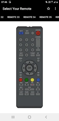 DD FreeDish Remote 33-36 advanced remote interface with large central OK button, complete numeric keypad, multiple function buttons, colored buttons, and extensive control options for DD Free Dish