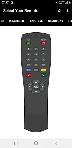 DD FreeDish Remote 37-40 rounded black remote showing power button, green indicator light, navigation buttons, numeric keypad, and red, green, yellow, blue colored buttons for TV control