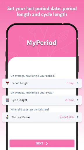 Period tracker setup screen with input fields for period length 5 days, cycle length 28 days, and last period date to initialize cycle tracking.