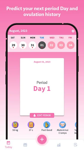 August 2023 period calendar showing Period Day 1 highlighted with mood and health symptom tracking options including weight, temperature, and abdominal cramps.
