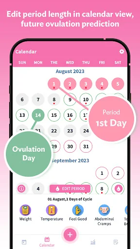 August-September 2023 calendar grid showing period and ovulation days marked with visual indicators and cycle day counter for period tracking overview.