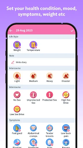 Health symptom logging screen for 29 Aug 2023 with options to track weight, temperature, intercourse frequency, and symptoms including menstrual discomfort.