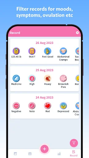 Health record filter view for dates 26-24 Aug 2023 displaying logged symptoms, mood, intercourse, and temperature readings with filterable health tracking data.