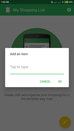 Add item dialog box with text input field labeled Tap to type and Cancel, OK buttons for creating new shopping list entries