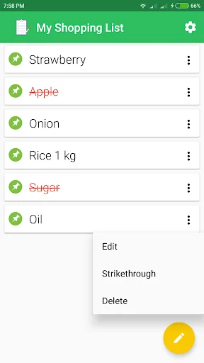 Shopping list with items like strawberry, apple, onion, rice, sugar, oil with edit menu showing strikethrough option