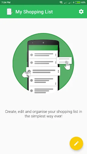 My Shopping List welcome screen with illustration and yellow add button. Tagline reads create, edit, and organize shopping lists easily