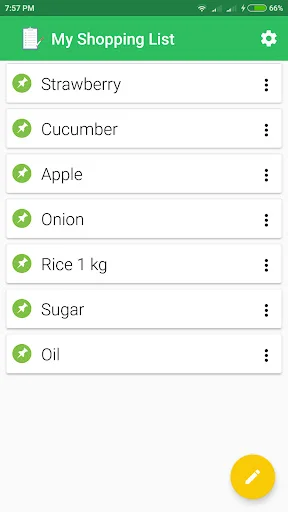 Shopping list showing seven completed grocery items with checkmarks: Strawberry, Cucumber, Apple, Onion, Rice, Sugar, and Oil