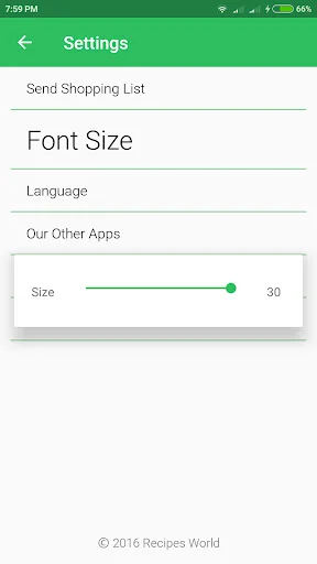 Settings screen with Send Shopping List option, Font Size adjustment slider set to 30, Language selection, and Other Apps from Recipes World