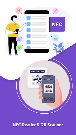 NFC Tag Reader & QR Scanner app introducing scan tag code feature with QR code scanning and phone illustration