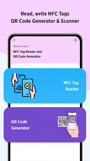 Welcome screen showing NFC Tag Reader and QR Code Generator features with interactive hand gesture illustrations
