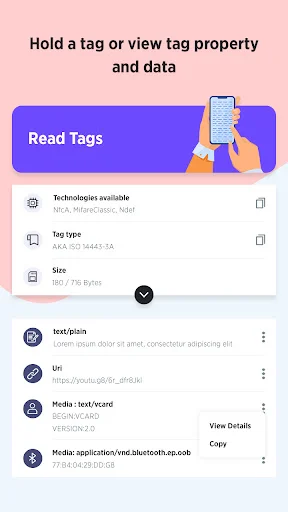NFC tag reading screen displaying tag properties, data types, technologies, size information, and copy details option