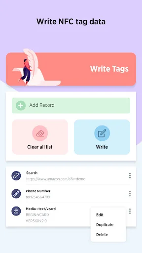 NFC tag writing interface with add record, clear list, and write buttons for managing tag data entries