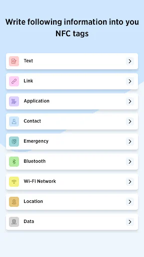 Data type selection menu for writing to NFC tags including text, link, contact, Wi-Fi, location, and emergency options