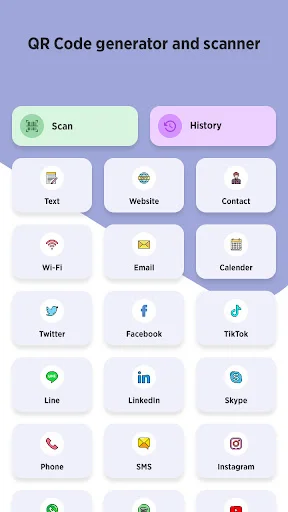 QR code generator showing scan and history buttons with multiple options for text, links, contacts, and social media