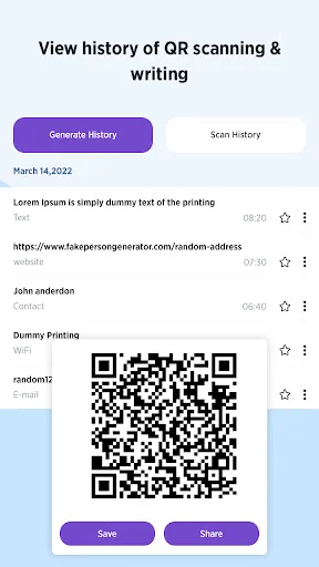 QR code scan history interface showing scanning and writing history entries by date with QR preview and save options