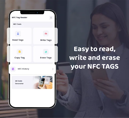 NFC Tools app home screen with Read Tags, Write Tags, Copy Tag, Erase Tags, NFC History, and QR Code Generator options