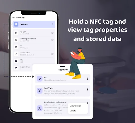Read NFC Tag screen displaying tag properties, type, technology, date, serial number, and stored URL and text data