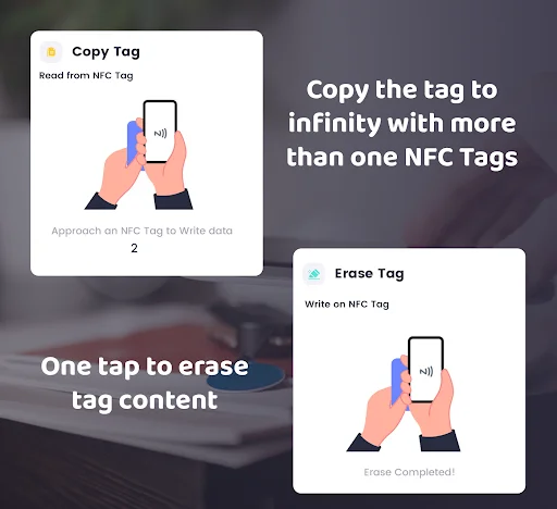 Copy NFC Tag and Erase Tag screens showing how to duplicate and erase NFC tag content with simple one-tap actions