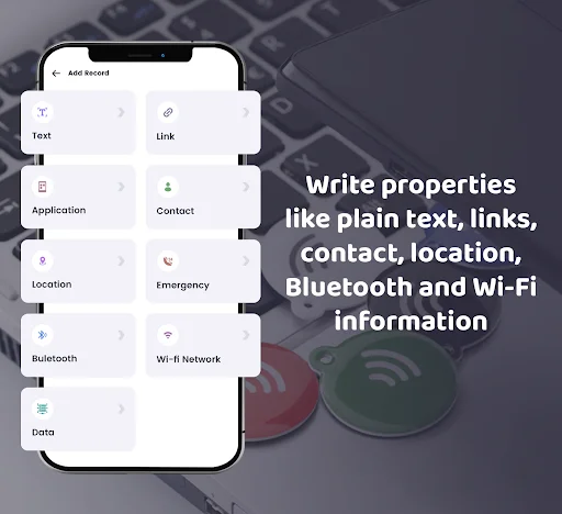 Write NFC Tag Record interface with options to add Text, Link, Application, Contact, Location, Bluetooth, Wi-Fi, and Data