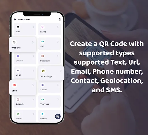 QR Code Generator interface with options to create codes for Text, Phone, Website, SMS, Contact, Social Media, Wi-Fi, and more