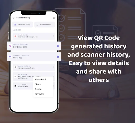 NFC Scanner History screen displaying QR code and NFC scan history with options to share, delete, and favorite scanned items
