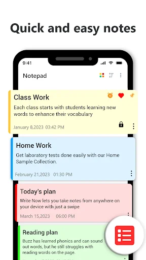 B Notes app main screen showing colorful note cards for Class Work, Home Work, Today's plan and Reading plan with timestamps
