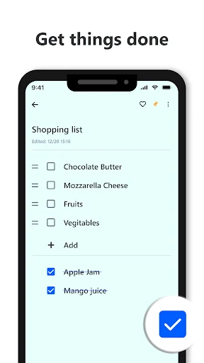Shopping list checklist in B Notes app with items like Chocolate Butter, Mozzarella Cheese, and completed Apple Jam items