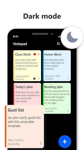 Dark mode interface of B Notes notepad app displaying note cards in grid layout with blue add button and moon icon