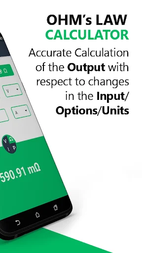 OHM's Law Calculator app description showing accurate output calculation with input unit options