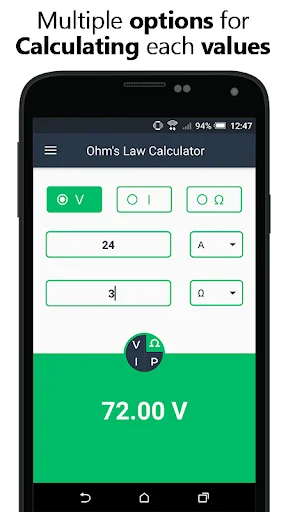 Ohms Law Calculator interface calculating voltage with multiple calculation options available