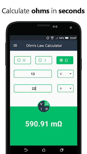 Ohms Law Calculator showing resistance calculation in milliohms completed quickly in seconds
