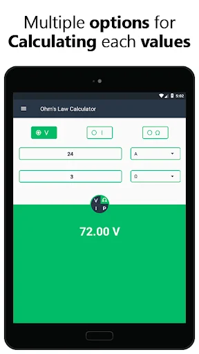 Voltage calculation interface with multiple Ohms Law options and unit dropdown selection