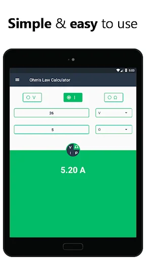 Current calculator interface with simple easy-to-use design for amperage electrical calculations