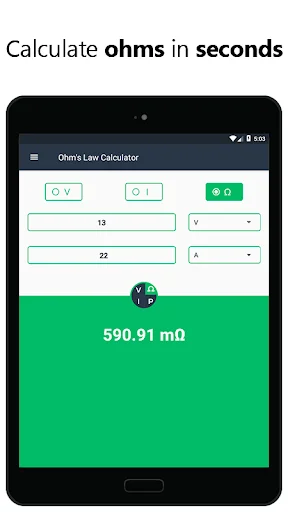 Resistance calculator displaying milliohms with quick Ohms Law computations for electronics