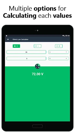 Voltage calculator with multiple options for Ohms Law electrical value calculations