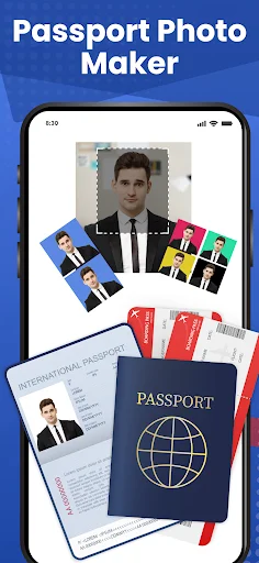 Passport Photo Maker app home showing photo editing, ID samples, and passport examples