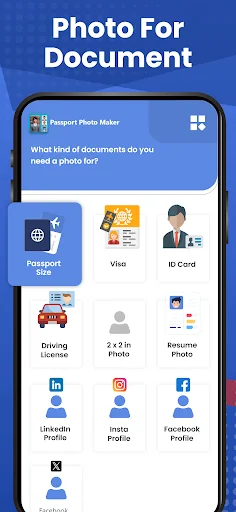 Document type selection screen with passport, visa, ID, driving license, and social options