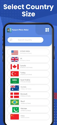 Country size selection list showing international flags for passport photo specifications