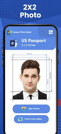 US Passport 2x2 inch photo preview with dimensions and Take Picture/Choose Gallery buttons