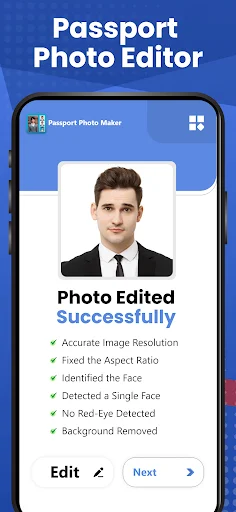Successfully edited passport photo with auto-fixes: face detection and background removal