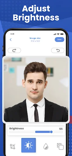 Photo brightness adjustment interface with slider control and editing tools