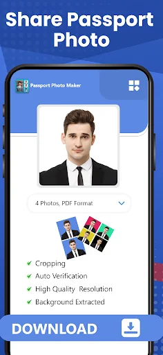 Passport photo export screen with PDF format options and Download button for quality photos
