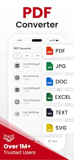 PDF Converter main screen with file list and output format options: PDF, JPG, DOC, Excel, Text, SVG conversions