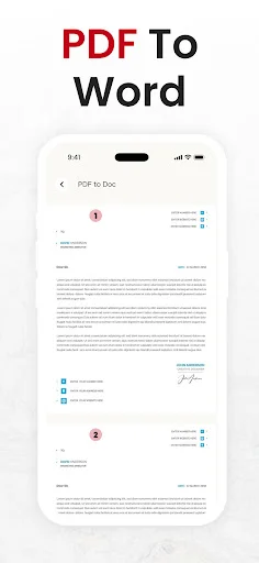 PDF To Word conversion feature displaying document preview showing successful conversion of PDF to editable Word format