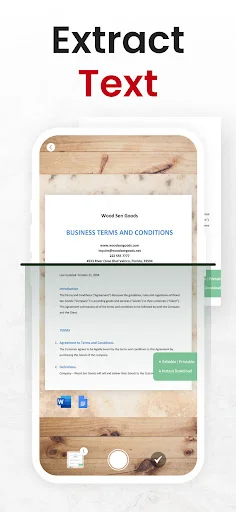 Extract Text feature displaying document on phone screen with text extraction tools and download button for extracted content
