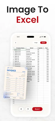 Image to Excel converter showing invoice image being converted to Excel spreadsheet format with Export button