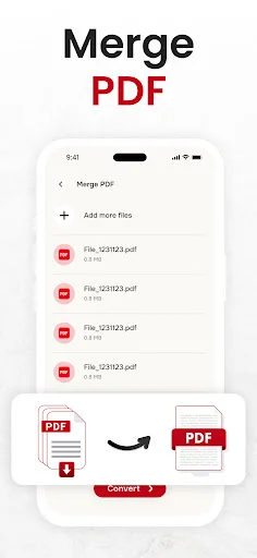 Merge PDF feature with multiple PDF files listed and option to add more files before merging into single document