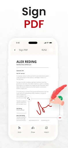 Sign PDF feature showing document with signature drawing tools including Redo, Draw, and Import button options